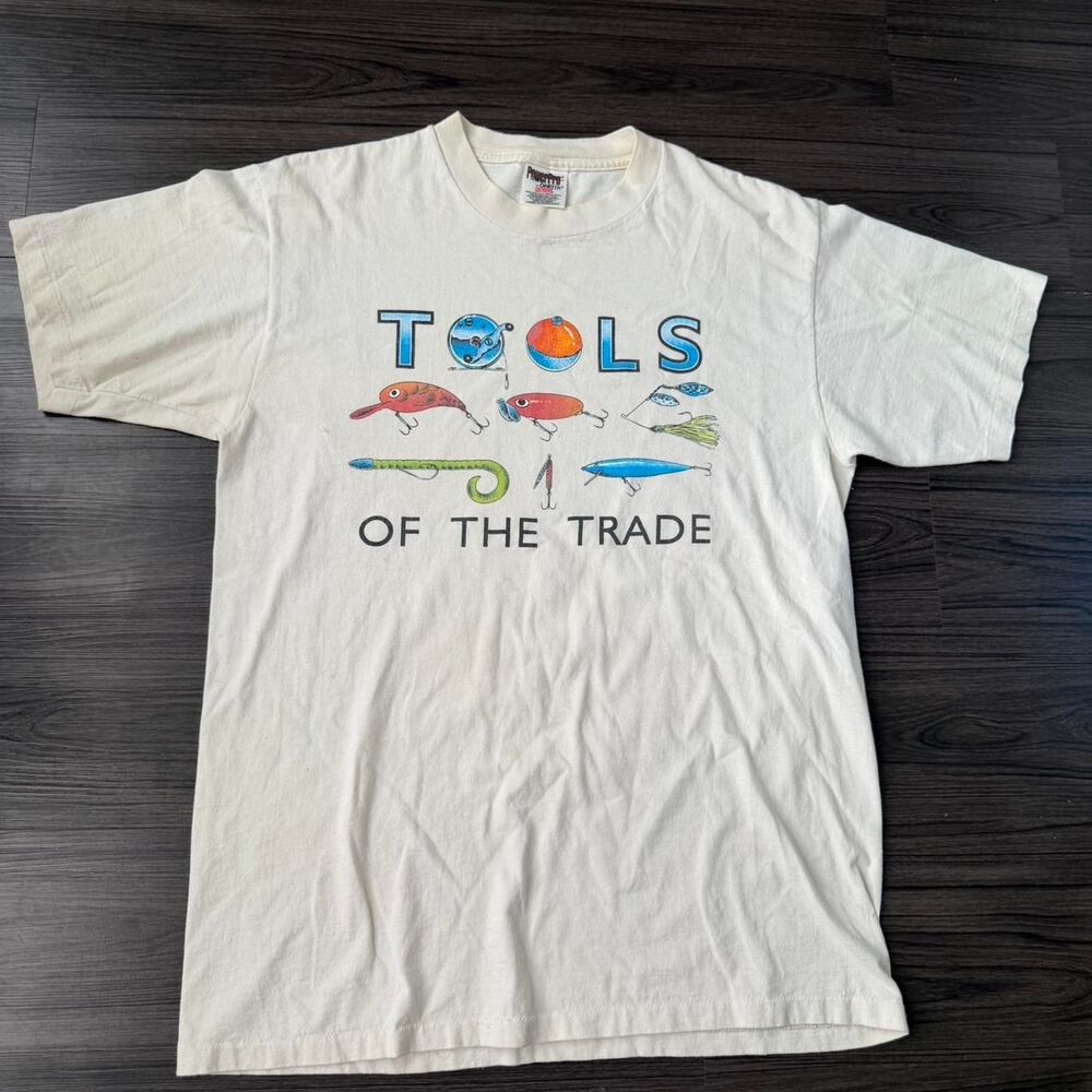 Vintage 90s Tools Of The Trade Fishing Lures Nature white cream Tee Size Large